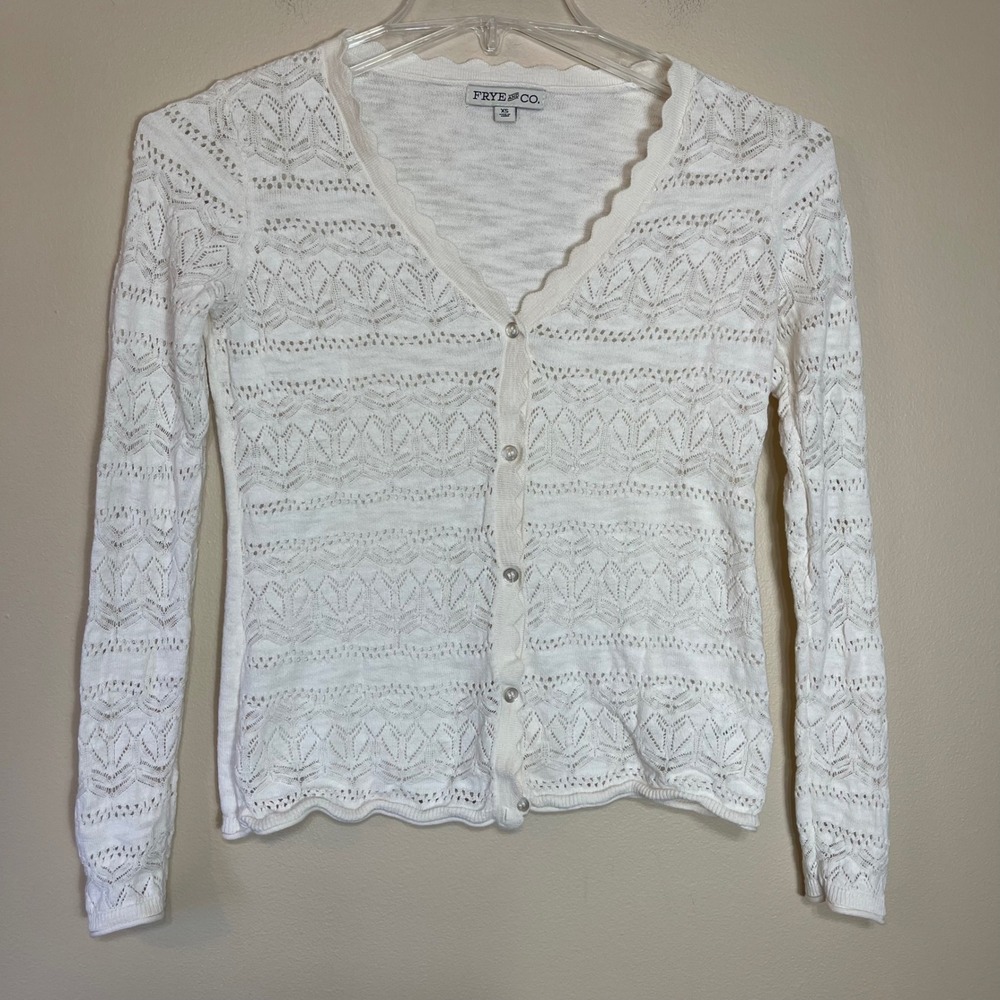 Frye and Co White Pointelle Knit Scalloped Button Front Cardigan Sweater XS